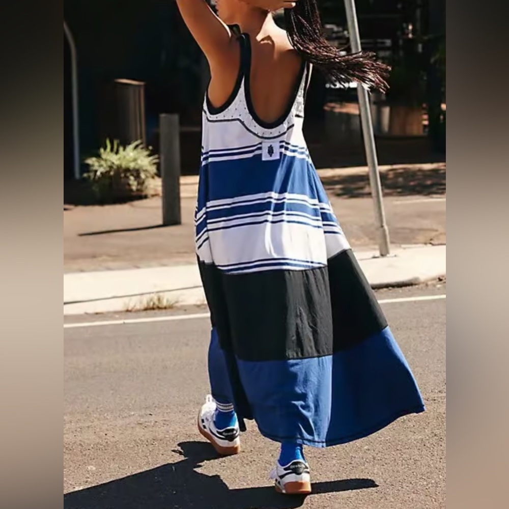 NWOT Free People FP Movement Back Spin Tank / maxi dress midnight blue combo - M - Picture 5 of 8